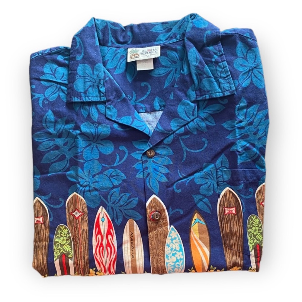 Vintage Aloha Republic Hawaiian Camp Shirt Men Extra Large Blue Surfboard Flower
